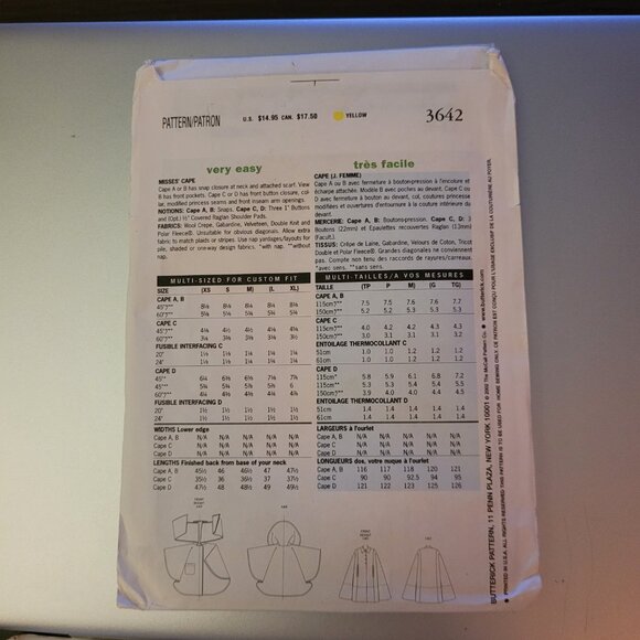 VINTAGE Butterick 3642 Misses Short and Long Capes Sewing Pattern Misses XS-S-M - Picture 3 of 4